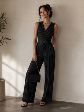 Joseph Ribkoff Black And White Stripe Wide-Leg Sleevelessu Jumpsuit Size 10